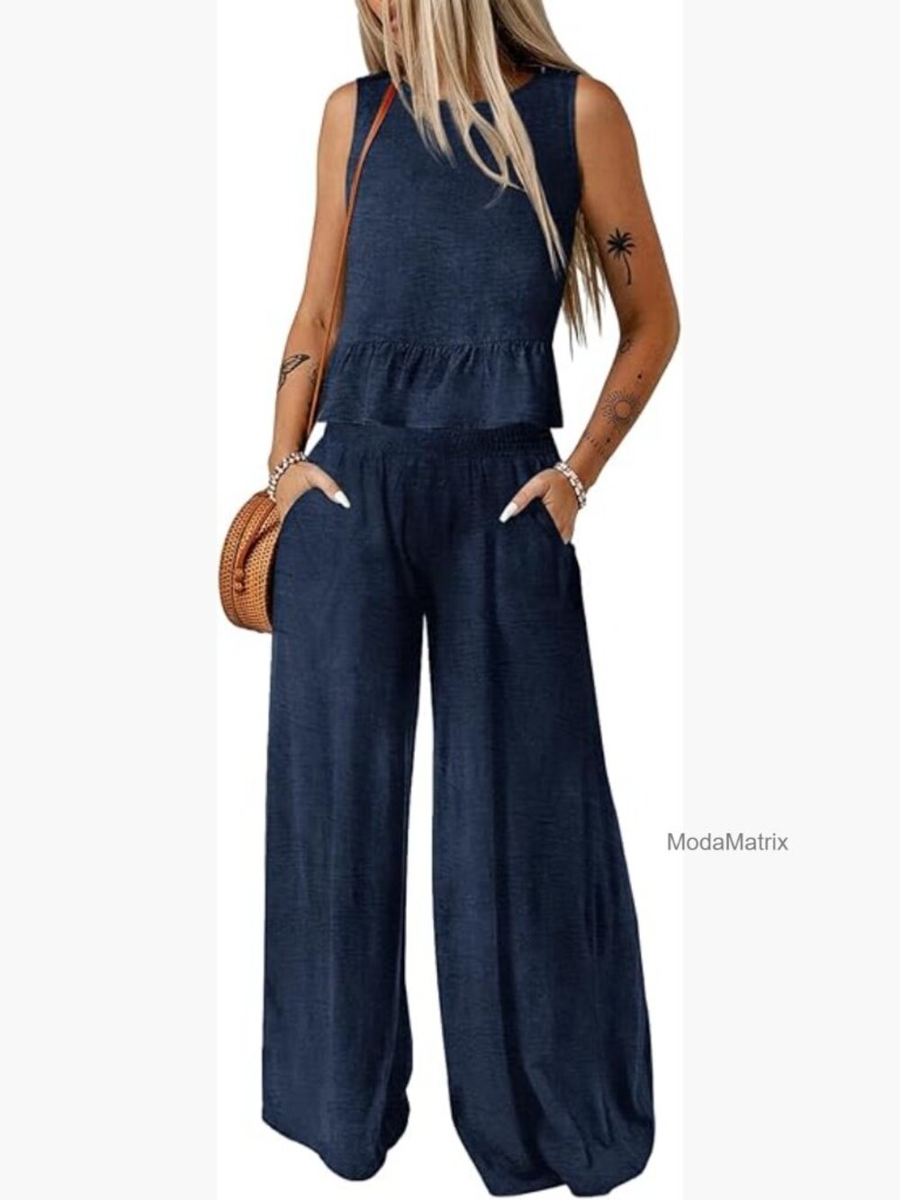 Sleeveless Tank Top and Wide Leg Pants Set, Polyester, Medium